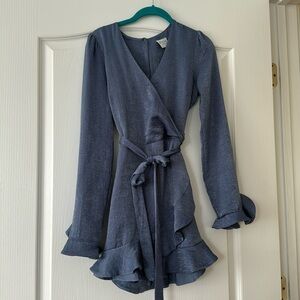 Donna Mizani Blue Long sleeve Ruffle Tie dress